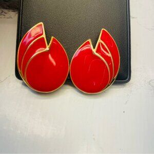 Vintage clip on Vibrant Red and Gold Statement Earrings